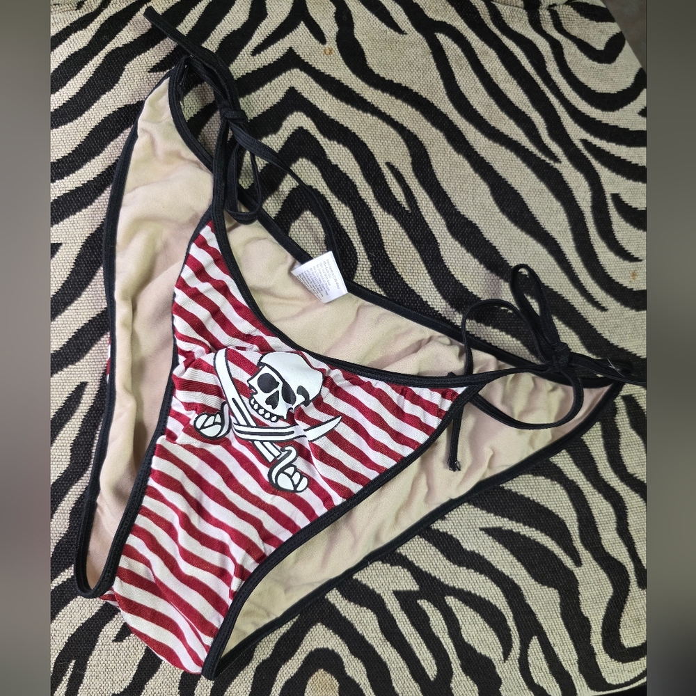 Morbid Threads Red and White Striped Bikini Bottom with Skull Graphic